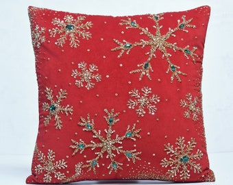 Christmas Red Gold Snowflakes Bling Throw Pillow cover Luxury Contemporary Modern Pillow cover Hand Embroidered Embellished  BMCC389