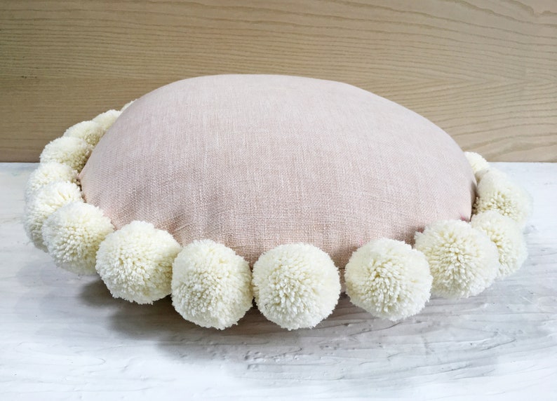 Light Peach Pompom Bohemian Round Throw Pillow Luxury Etsy