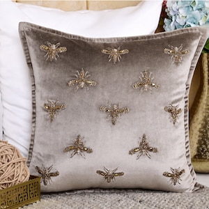 Grey antique Gold Insect Throw Pillow Cover Luxury Contemporary Modern Pillow Cover Embroidery Embellish Custom Accent Personalised BMCC182