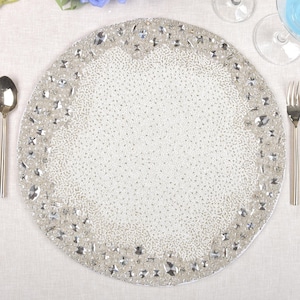 Luxury Beaded Placemat, White and Silver Rhinestone Dining Decor | BMTPL009