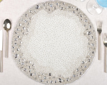 Luxury Beaded Placemat White and Silver Bling beaded placemat for Dining table Kitchen Decor Dining couture BMTPL009