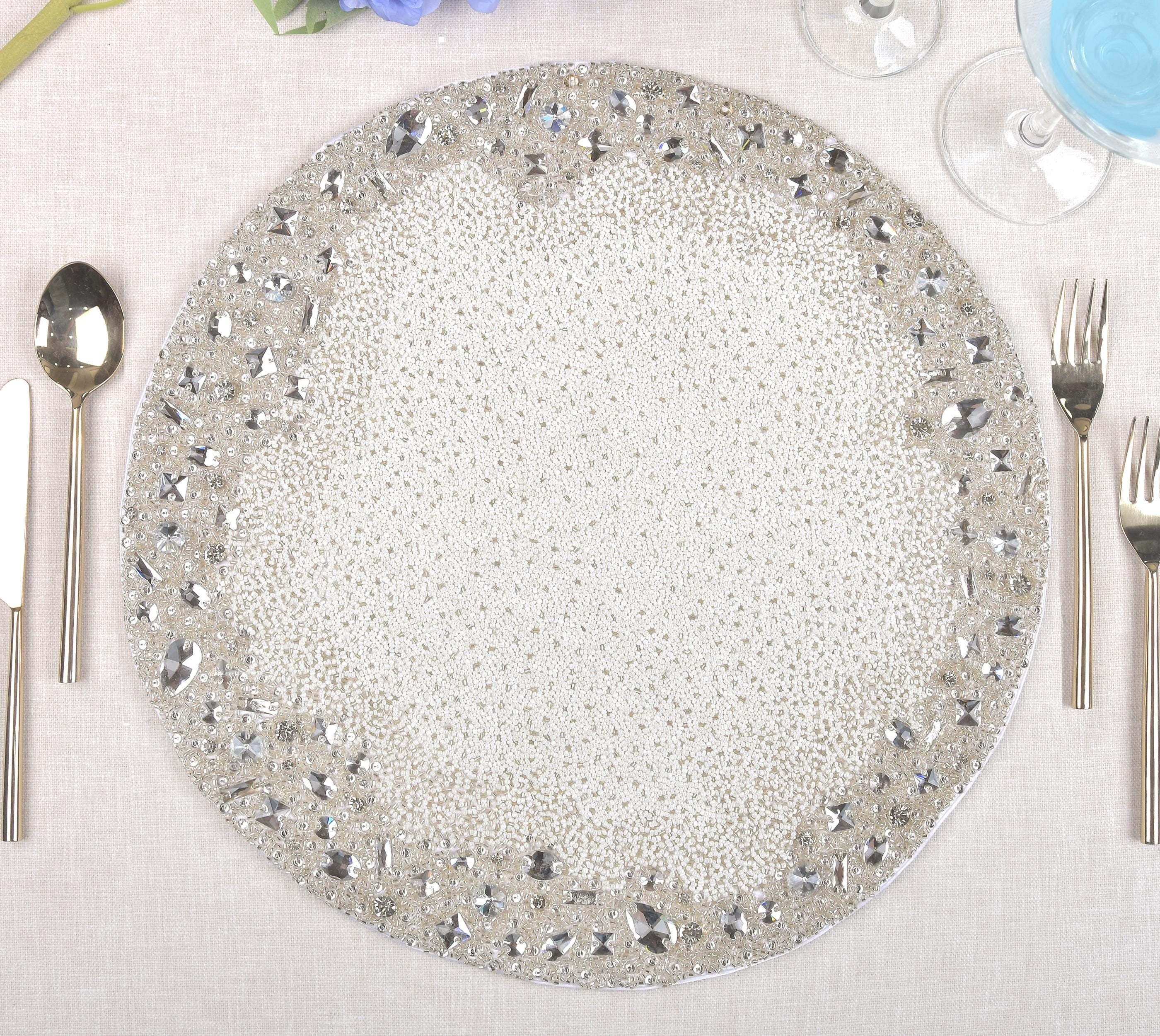 Luxus Perlen Tischset, Weiß und Silber Strass Esszimmer Dekor | BMTPL009