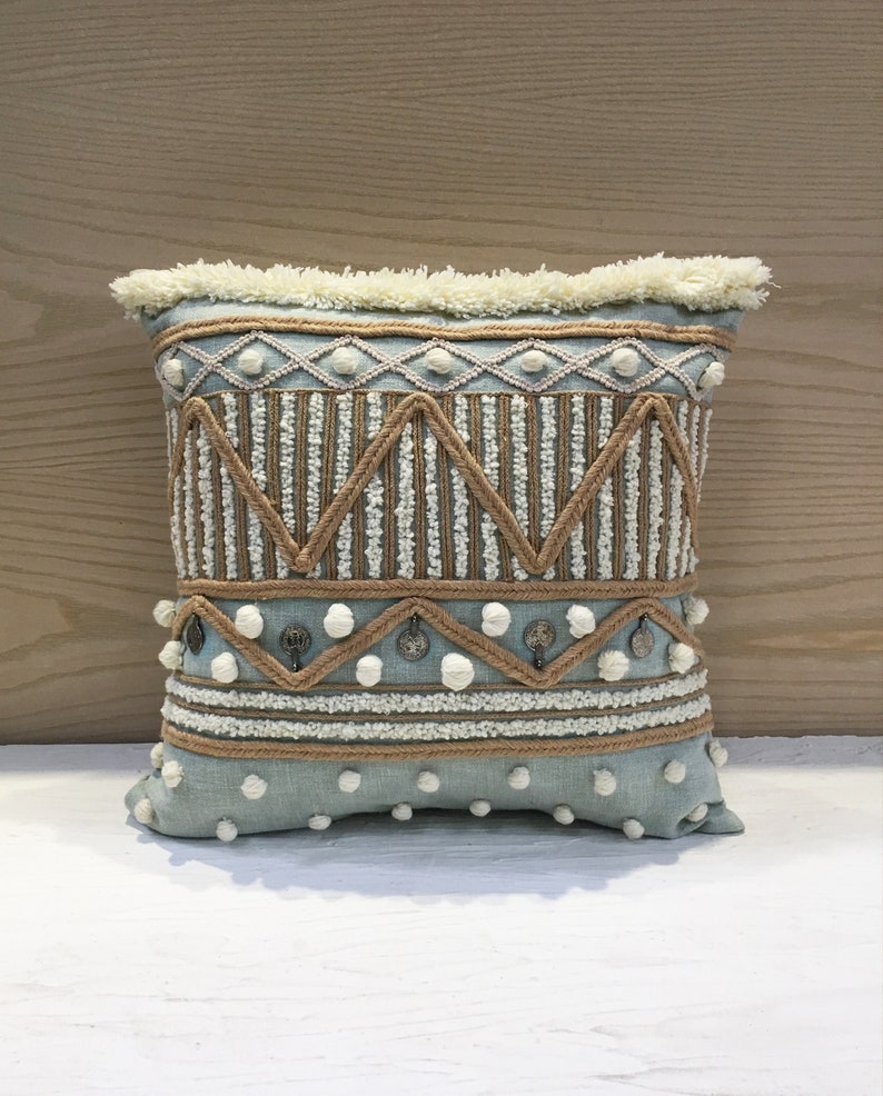 Blue Cotton Poly Coins Jute Wool Throw Pillow Luxury Etsy