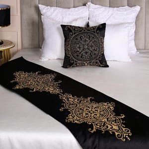 Black Satin Bed Runner with Gold Bead Embroidery, Glam Accent | BMBR011