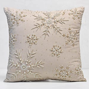Hand Embroidered Christmas Snowflake Pillow Cover: Beige Cotton, Gold Beads | BMCC390