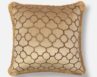Gold Velvet Throw Pillow Cover, Hand Embroidered Accent Pillow with Fringe | BMCC037