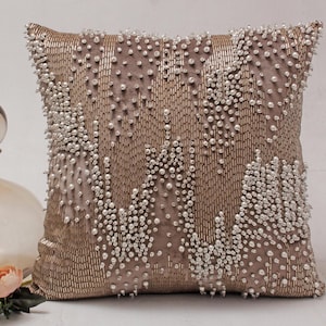 Taupe Rosegold Bling Throw Pillow cover Luxury Contemporary Modern Pillow cover Hand Embroidered Embellished  BMCC234
