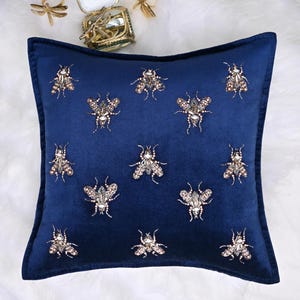 Navy Blue Rosegold Bee Throw Pillow Cover Luxury Contemporary Pillow Cover Hand Embroidered Embellished Custom Accent Personalised BMCC183