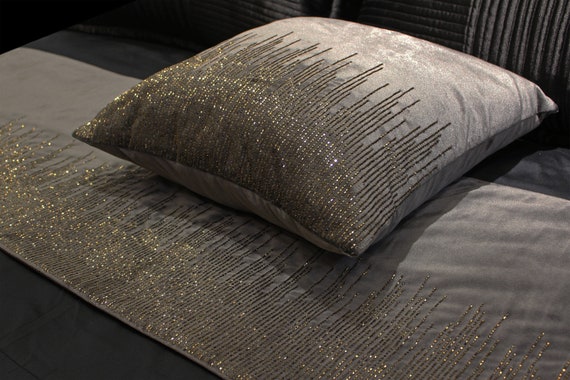 Grey Velvet Antique Gold Cut Rod Bed Runner 53 X 18 Luxury
