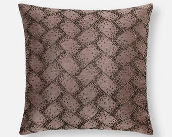 Brown Beaded Throw Pillow Cover, Hand Embroidered Luxury Accent | BMCC216