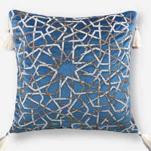 Blue Velvet white Gold Throw Pillow Cover Luxury Contemporary Modern Hand Embroidered Embellished Custom Accent Personalised pillow BMCC056