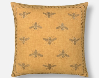 Yellow Gold Throw Pillow Cover: Hand Embroidered Insect Design | BMCC135