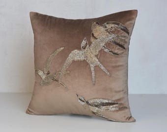 Taupe Velvet Gold Birds Throw Pillow Cover Luxury Contemporary Modern Hand Embroidered Embellished Personalised Pillow Cover BMCC124 Etsy Canada