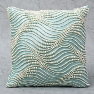 Light aqua Pearl throw Pillow Cover, Embroidered Embellished Pillow Cover, Accent Modern Throw Pillow Cover, Contemporary Pillow BMCC289