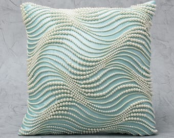 Light Aqua Satin Pillow Cover, Hand Embroidered Pearl Waves | BMCC289