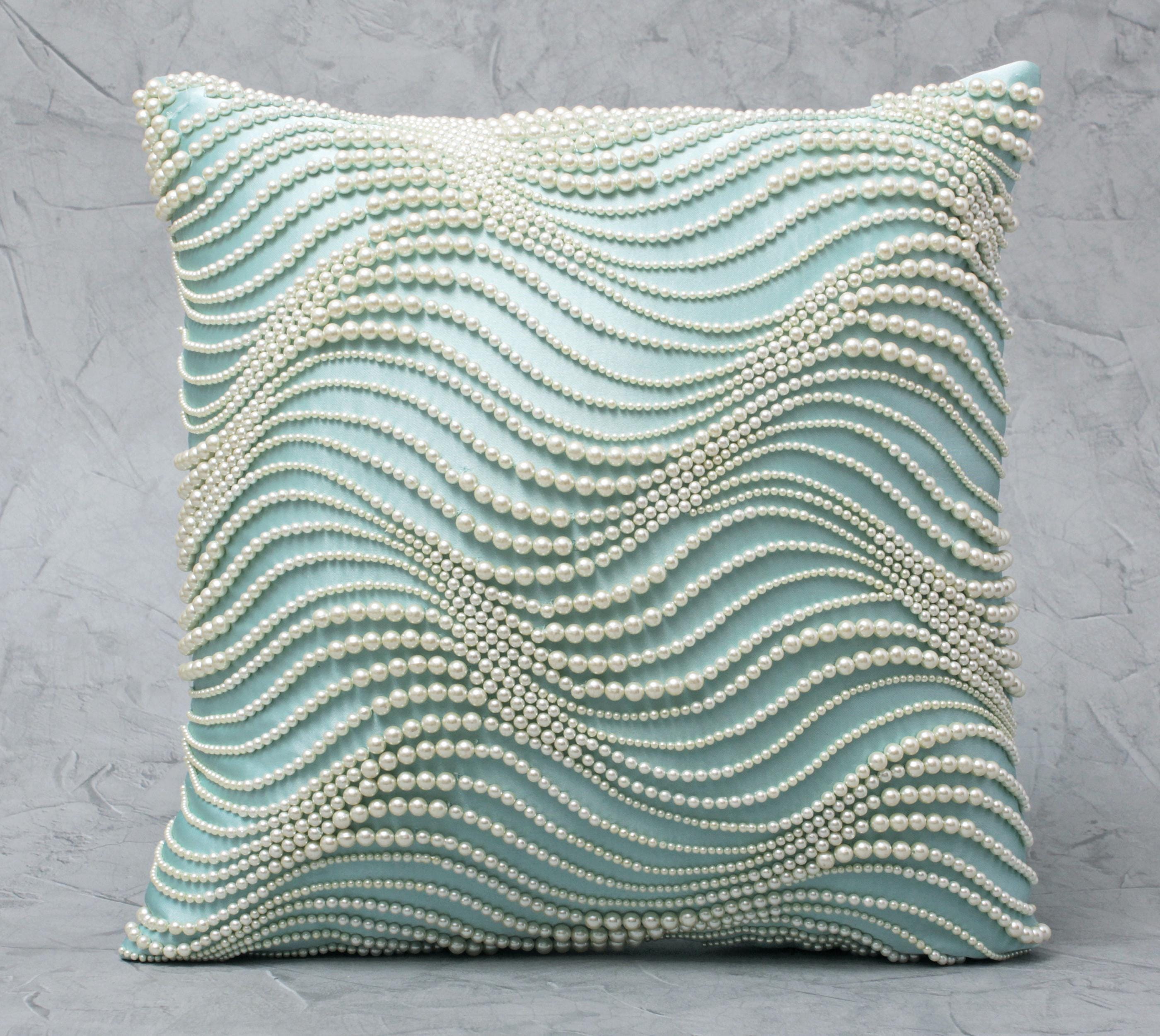 Light Aqua Pearl Throw Pillow Cover, Embroidered Embellished