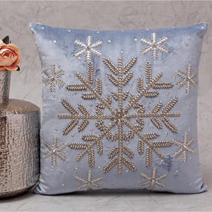 Christmas Dusty Blue Silver Bling Throw Pillow cover Luxury Contemporary Modern Pillow Hand Embroidered Embellished Personalised BMCC252