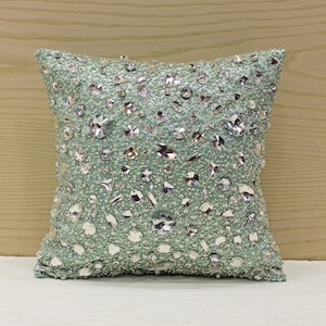 Sea Green Bling Crystal Throw Pillow Cover Luxury Contemporary Hand Embroidered Embellished Custom Accent Personalised pillow cover BMCC103