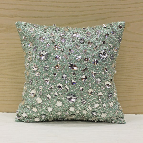 Sea Green Bling Crystal Throw Pillow Luxury Contemporary Modern Pillow Hand Embroidered Embellished Custom Accent Personalised pillow 103