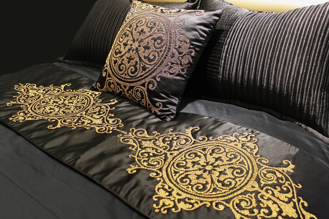 Black Satin Gold Beads Bed Runner Set 53 X 18 Luxury Contemporary ...