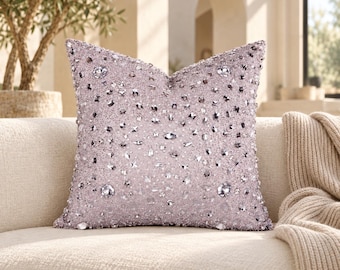 Funda de almohada con diamantes de imitación en rosa ruborizado, detalle de cristal bordado a mano / BMCC102
