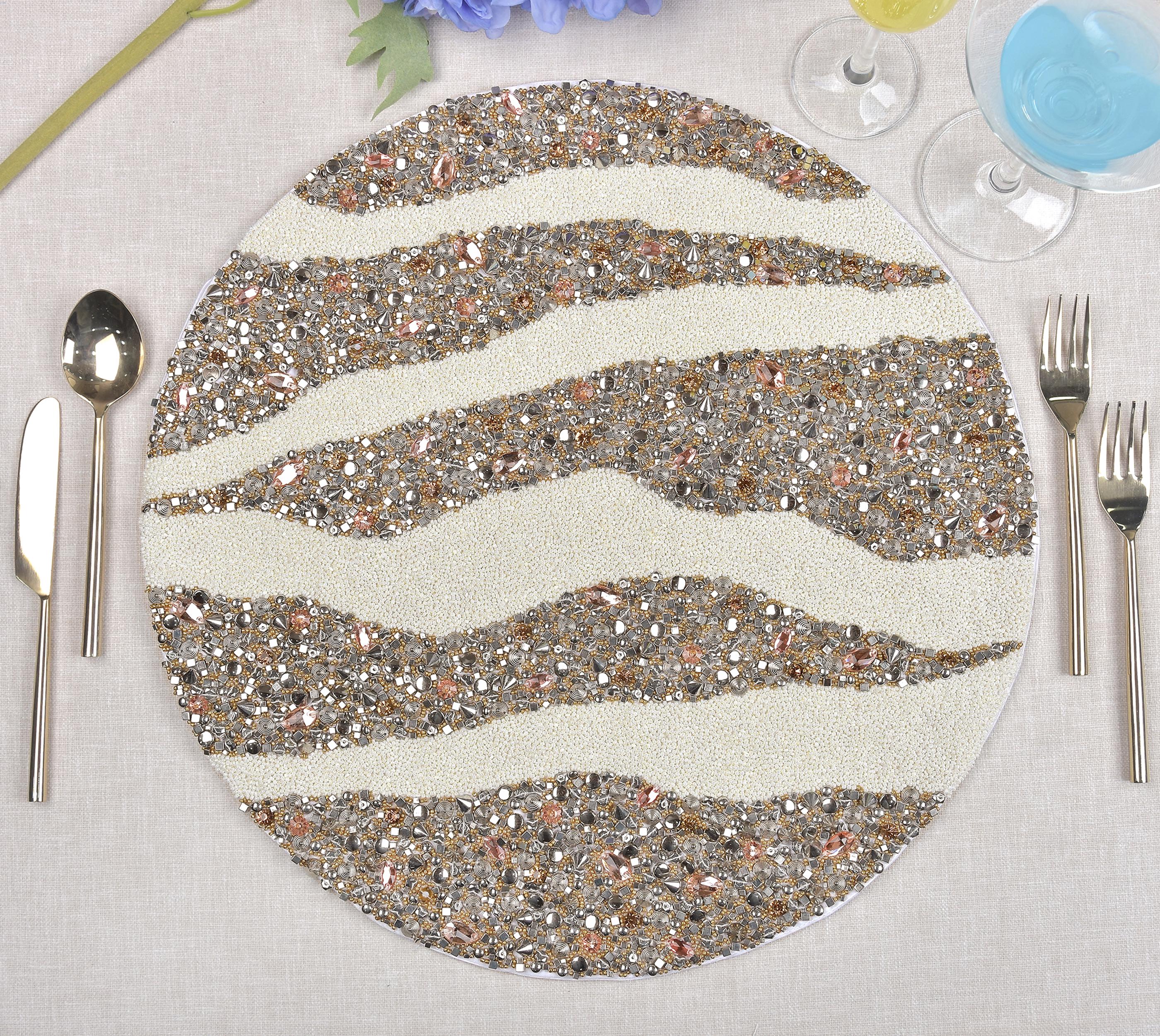 Luxury Beaded Placemat Offwhite Silver Peach beaded placemat for Dining table Kitchen Decor Dining couture BMTPL014