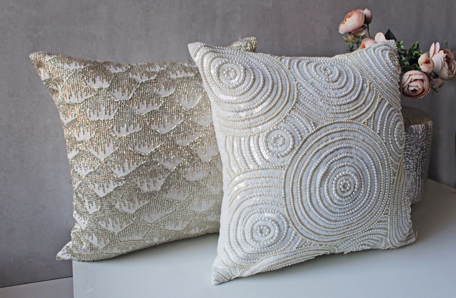 White Silver Beads Throw Pillow Luxury Contemporary Modern Etsy