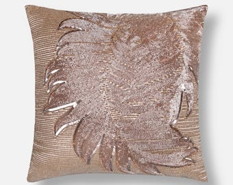 Rosegold Tropical Leaf Pillow Cover, Hand Embroidered Accent Pillow | BMCC209