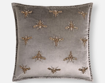 Grey Velvet Insect Pillow Cover, Antique Gold Beaded Embroidery | BMCC182