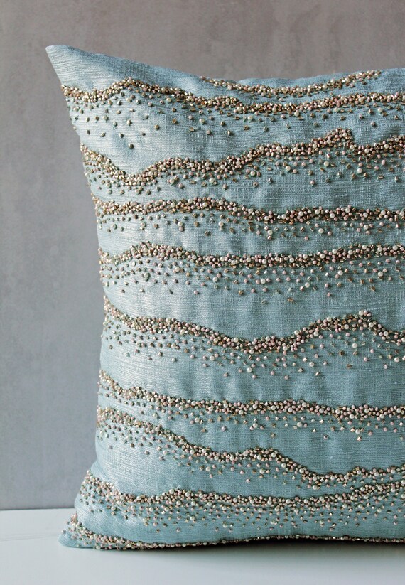 Light Blue Blush Gold Throw Pillow Luxury Contemporary Modern Toss Pillow Hand Embroidered Embellished Custom Accent Personalised Pillow 217 Etsy Canada