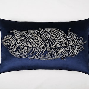 Navy Blue Velvet Throw Pillow Cover Luxury Contemporary Modern Hand Embroidered Embellished Custom Accent Personalised Pillow Cover BMCC153
