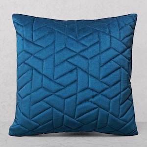Teal Blue Quilted Embroidery Ultra Modern Throw Pillow Cover Luxury Contemporary Modern Hand Embroidery Embellished Pillow Cover BMCC337
