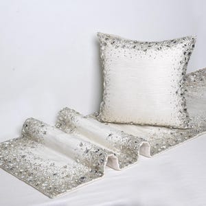 White Silver Bling Bed runner set 53&quot; x 18&quot; Luxury Contemporary Modern Bed runner set Hand Embroidered Embellished Custom bed runner BMBR105