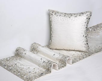 White & Silver Crystal Bed Runner Set, Hand-Embroidered, Modern Luxury | BMBR105