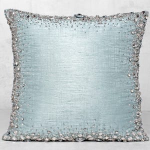 Blue Bling Crystal Throw Pillow Cover Luxury Contemporary Modern Pillow Cover Hand Embroidery Embellished  16x16 BMCC334