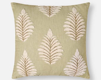 Green Cotton Linen Pillow Cover: Embroidered Beads, Contemporary Design | BMCC159