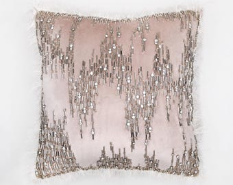 Hand Embroidered Crystal Velvet Pillow Cover, Feather Fringe | BMCC235