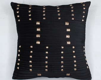 Black Velvet Pillow Cover: Gold Beaded, Pleated, Hand Embroidered | BMCC372