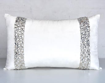 White Velvet Pillow Cover, Silver Beads & Rhinestone, Hand Embroidered | BMCC358