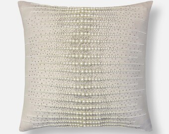 Embroidered Cotton Pearl Pillow Cover, Silver Accent Beads | BMCC080