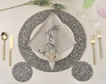 Luxury Beaded Placemat Silver beaded placemat for Dining table Kitchen Decor Dining couture BMTPL017