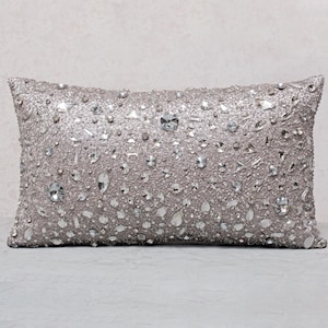 Silver Grey Bling Crystal Throw Pillow Cover Luxury Contemporary Modern Pillow Cover Hand Embroidery Embellished  BMCC333