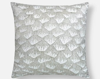 White Beaded Throw Pillow Cover, Hand Embroidered Accent Pillow | BMCC214