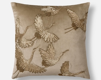 Gold Bird Velvet Pillow Cover, Hand Embroidered Accent Pillow | BMCC130
