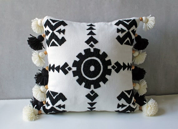 Off white Cotton Black Wool Embroidery Boho Pillow Luxury Contemporary Throw Pillow Modern Hand Embroidered Embellished Custom Pillow 188 Etsy UK