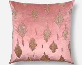 Pink Velvet Pillow Cover, Gold Embroidered Ikkat, Contemporary Decor | BMCC077