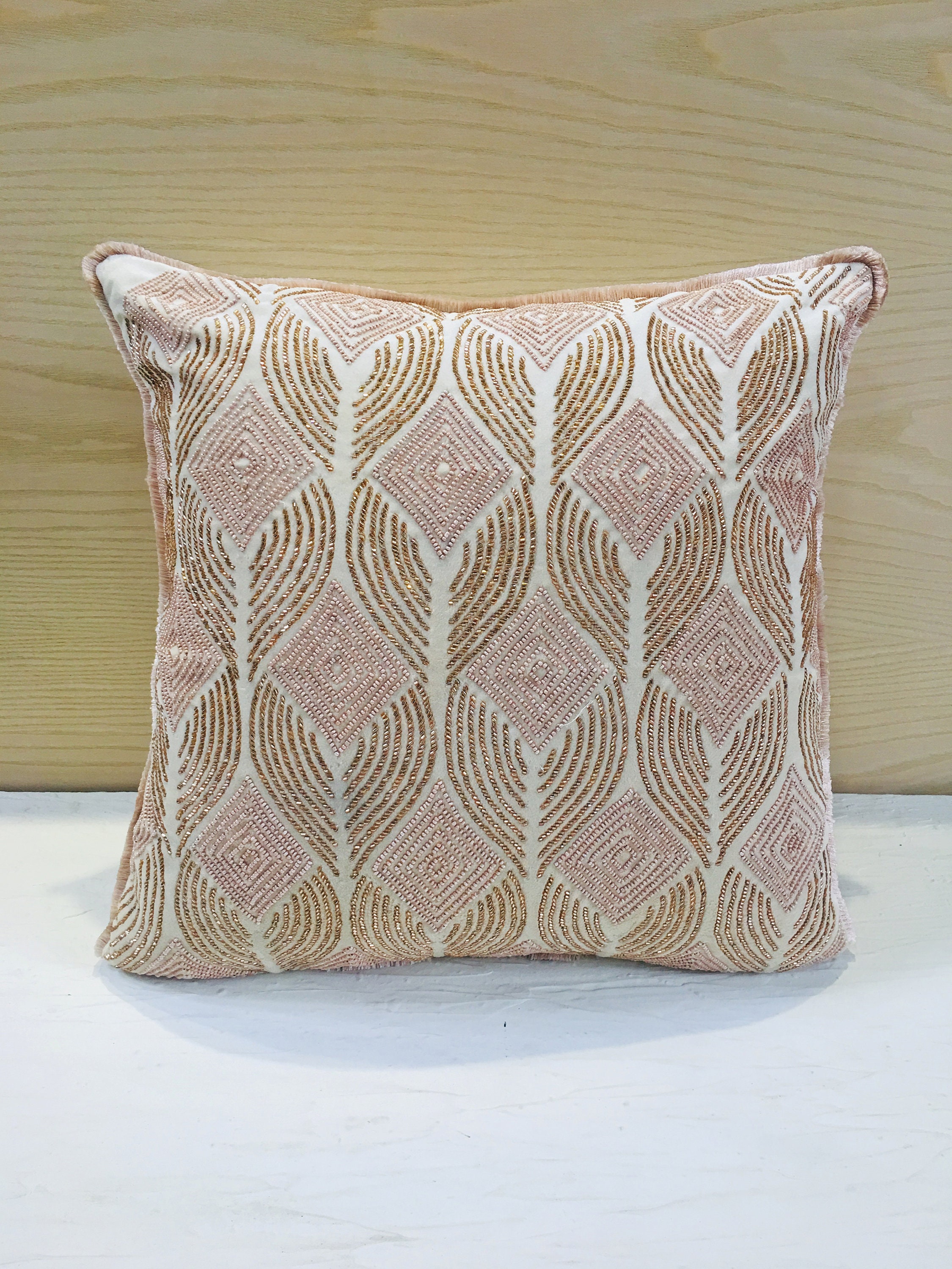 Cream Blush Peach Beaded Throw Pillow Luxury Contemporary Etsy