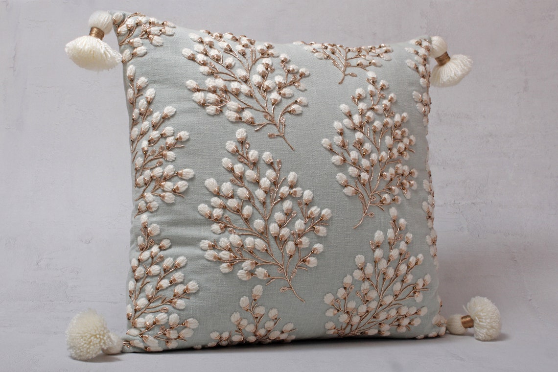 Light Blue Offwhite Gold Throw Pillow Cover Luxury Etsy