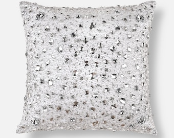 White Satin Crystal Pillow Cover, Hand-Embroidered Accent | BMCC048
