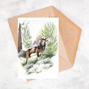 Carte postale aquarelle, Affiche A6, Mouflon aquarelle, carte postale intemporelle